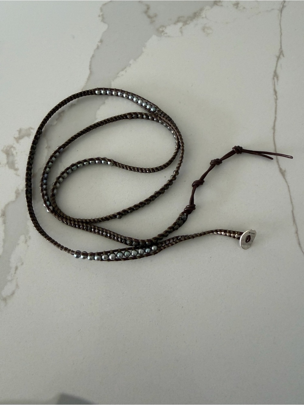 Chan Luu Brown Braided Leather Wrap with Blue Grey FWP & Faceted Pyrite 35” - Picture 4 of 13